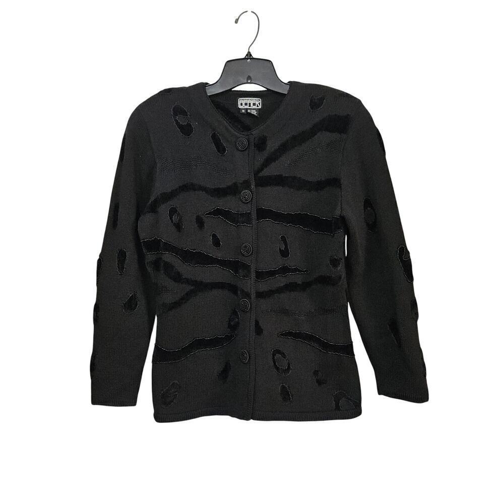 VTG 90s BEREK 2 Womens Black Chenille Tiger Beaded Knit Cardigan Sweater Medium